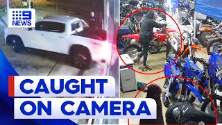 CCTV footage shows thieves stealing motorbikes in Sydney ram-raid | 9 News Australia