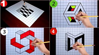 3D Drawing Easy - Four Easy 3D and Optical Illusion Drawing Tricks on Graph || Graph Paper Drawings
