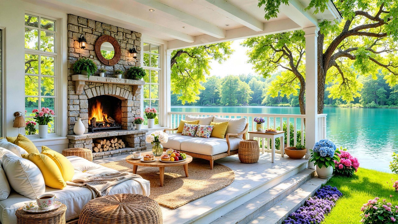 Calm Spring Morning at the Lake 🌺 Gentle Piano Music & Fireplace Sounds for Relaxing