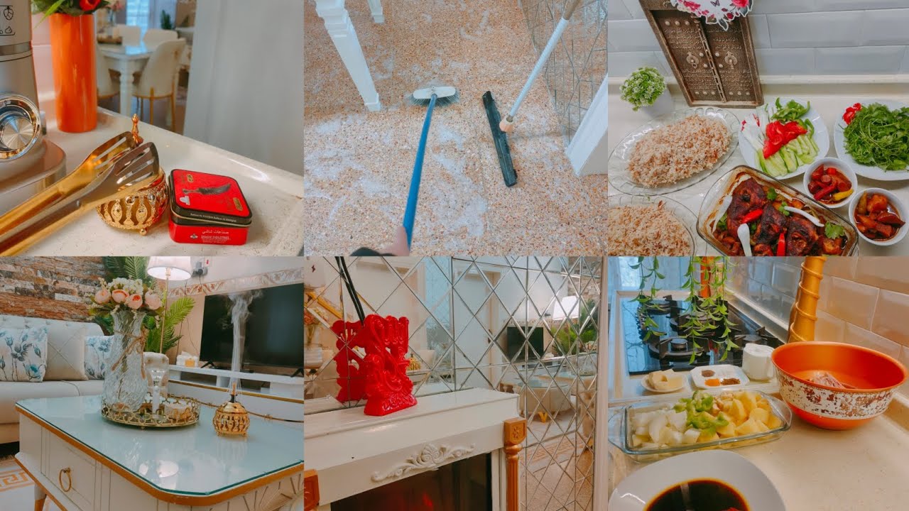 روتين غسل البيت من بعد اهمال ست أيام وتحضير الغدة 💦🌼🌺🌼🌺🌼