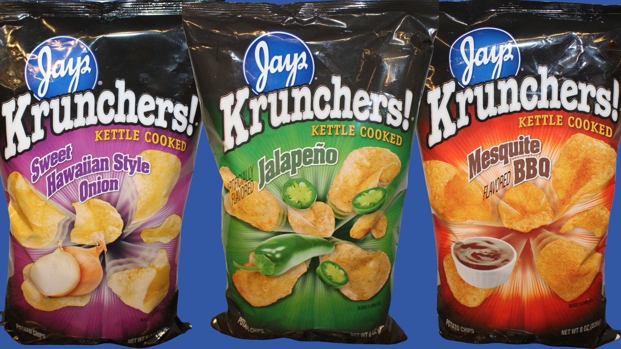 Jay’s Krunchers Kettle Cooked Potato Chips: Jalapeño, Sweet Hawaiian Style Onion, Mesquite BBQ