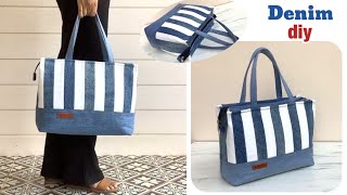 how to sew denim tote bag with zipper from old jeans ,sewing diy denim tote bag with zipper tutorial