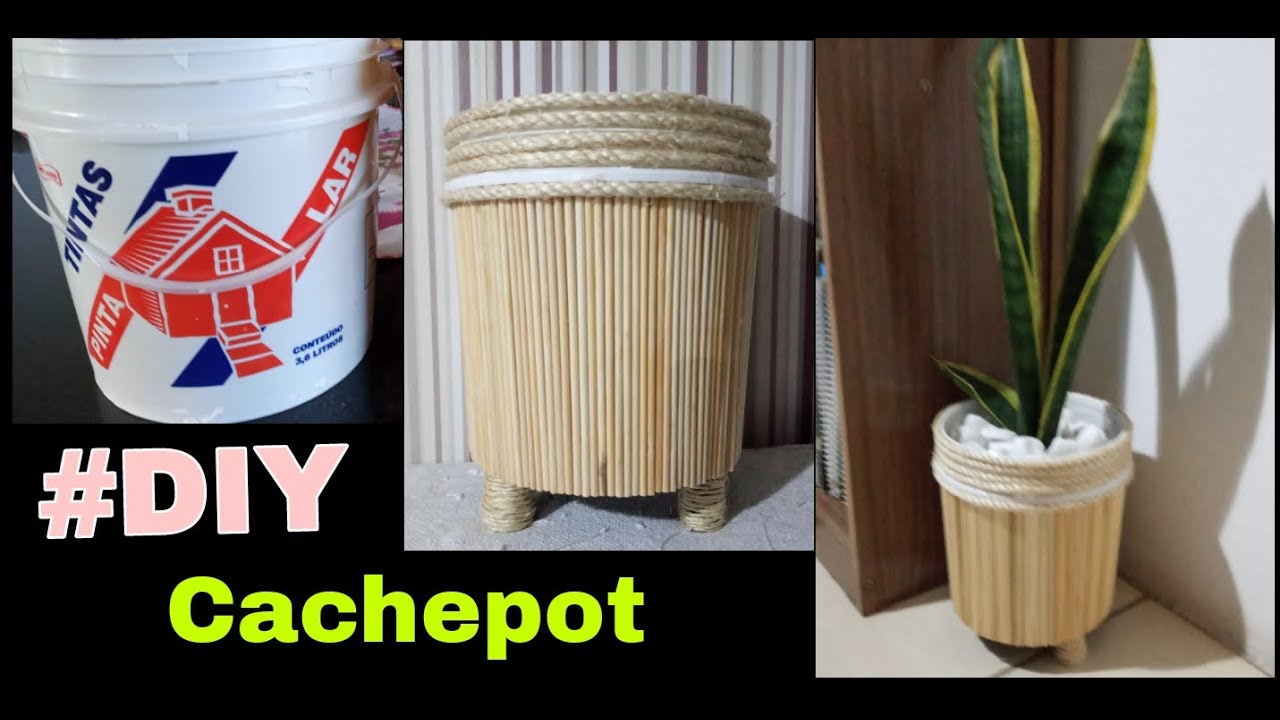 DIY - Cachepot feito com balde de tinta, corda de sisal e palito de churrasquinho