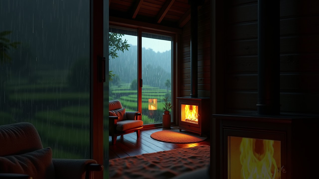 Cozy Cabin by the Rice Field 🌾 | Thunderstorm & Fireplace Ambience 🔥