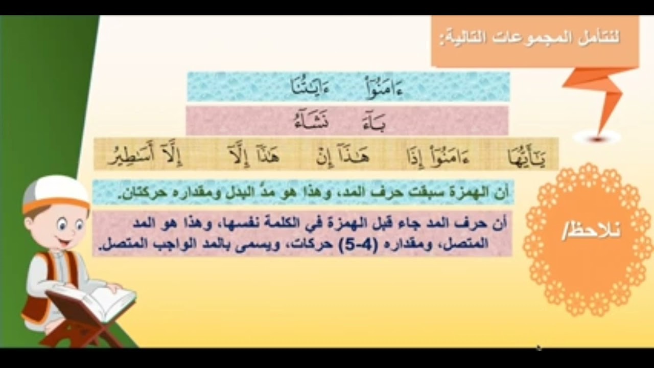 دين/ تلاوة: سابع- مراجعة أحكام المد الذي سببه الهمزة.