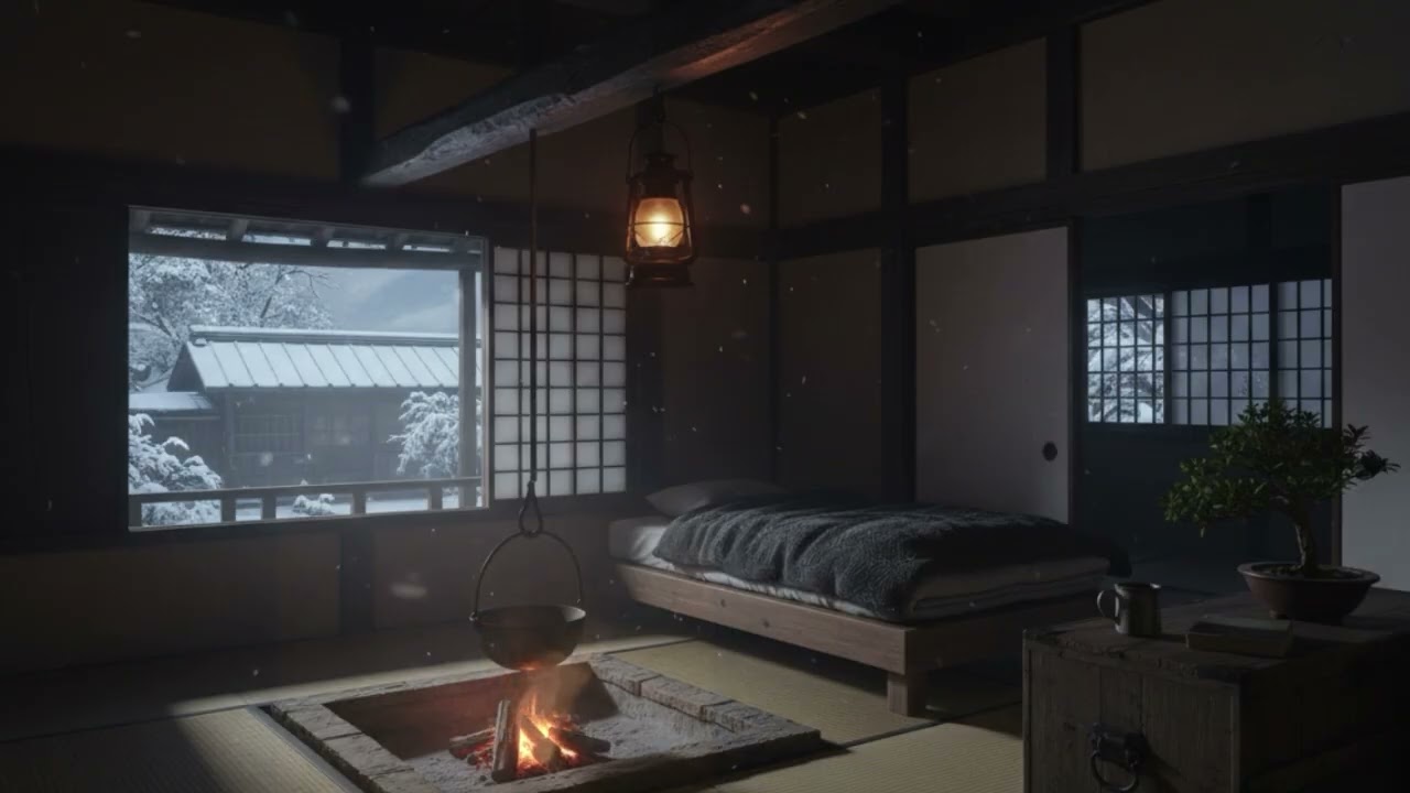 Winter Cabin Night Warmth – Japanese Old House, Irori Fire & Moonlit Snow