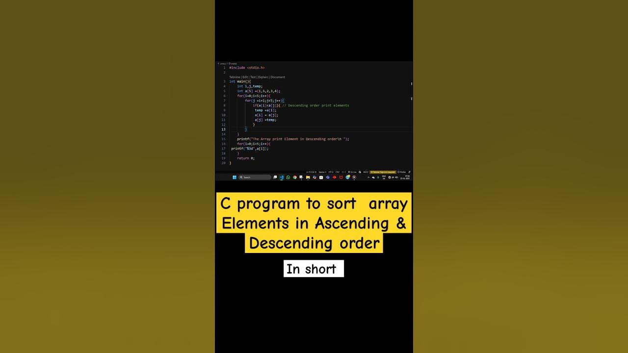 C programming to Sort the Array in Ascending order and Descending order ...