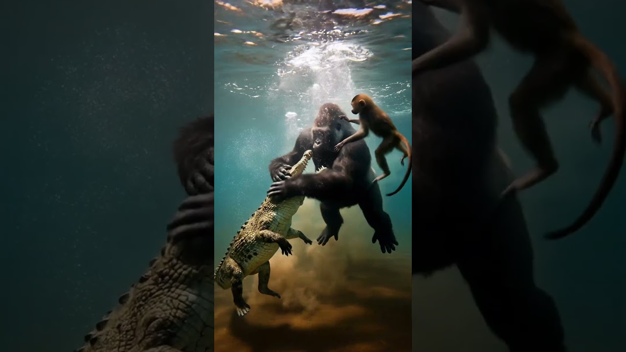 Angry gorilla dives into the water to rescue the baboon from the crocodile’s jaws 🦍💢🌊🐊🐒🔥