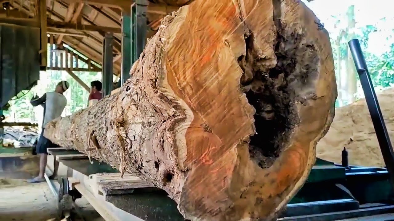 Sawing and turning long hollow logs into beautiful beams