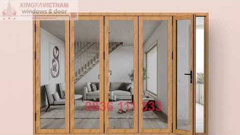 Cửa đi mở xếp gấp 5 cánh nhôm Xingfa Quảng Đông tem đỏ màu vân gỗ