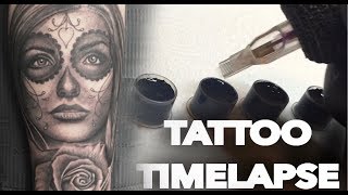 TATTOO TIMELAPSE | DAY OF THE DEAD AND ROSE | CHRISSY LEE | TUTORIAL HOW TO
