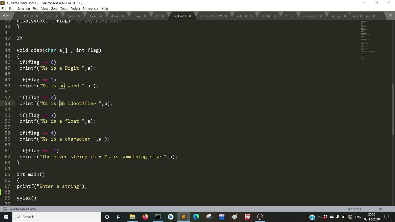 Lex program to identify digit, character, word,float. and identifier ...