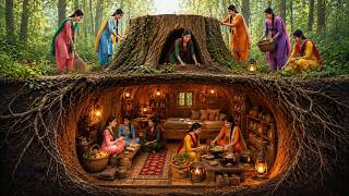Village Women Build a Hidden Tree Stump Shelter | Amazing Forest Survive