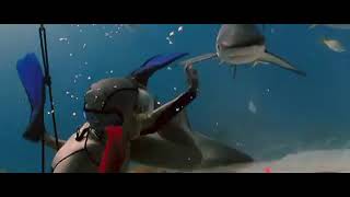 Hot Frogwoman divers with silver swimsuits trapped and shark attack underwater. Into the Blue Movie.