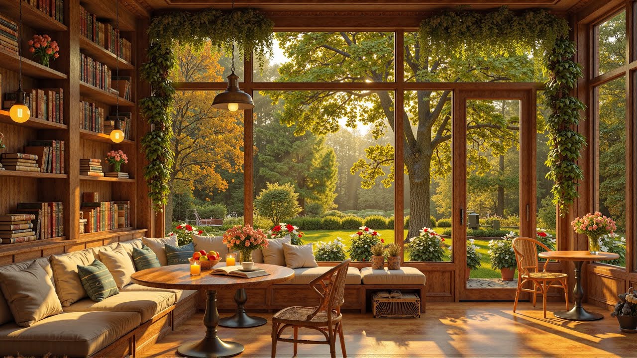 Sunlit Garden Café Ambience ☕ Warm Morning Jazz at Coffee Shop for Study, Reading & Calm Focus