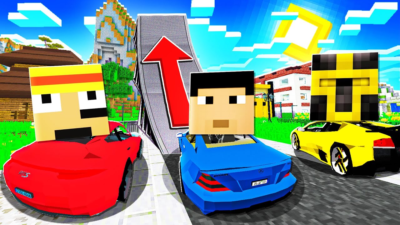 CARRERA DE COCHES CON SALTOS Y RAMPAS TROLL IMPOSIBLES EN MINECRAFT 😱
