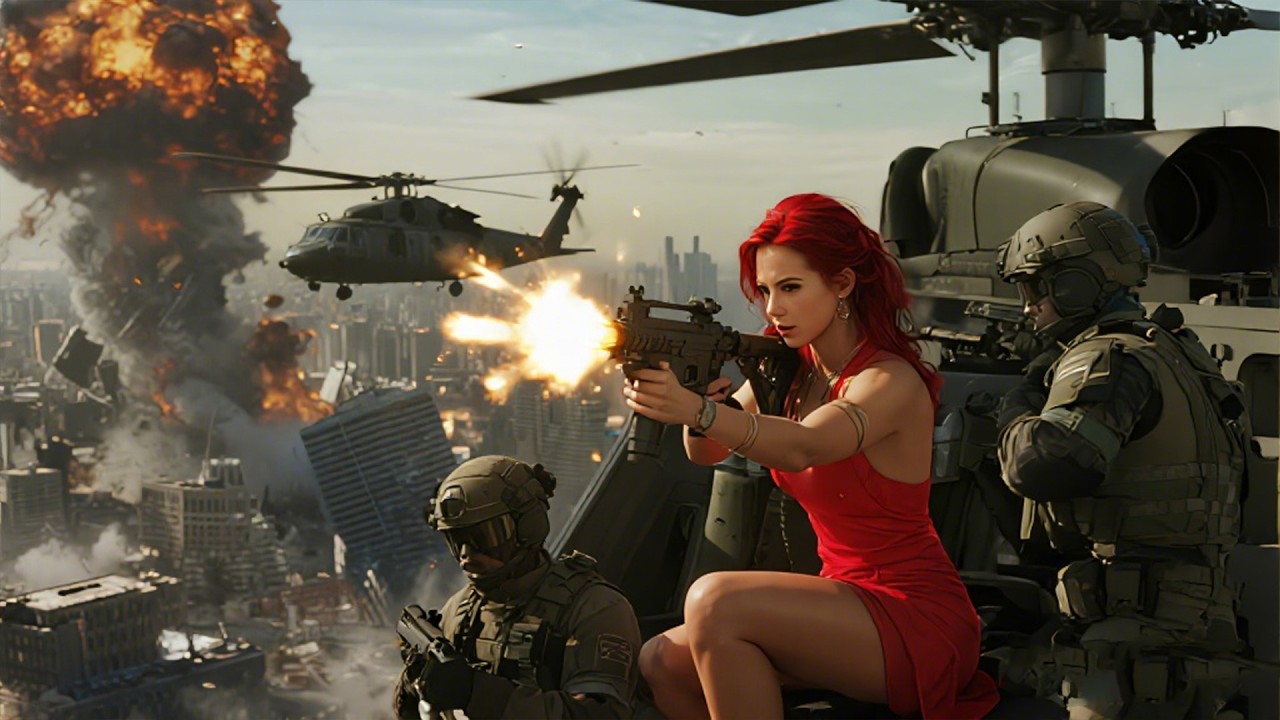 Action Blockbuster:Criminal Gang Sets Off Atomic Bomb, Female Soldier Mows Down Enemies from the Sky