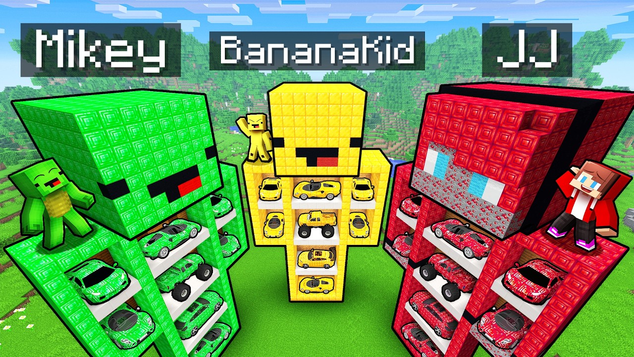 JJ vs Mikey vs Banana Kid: TREASURE GARAGE BATTLE in Minecraft!