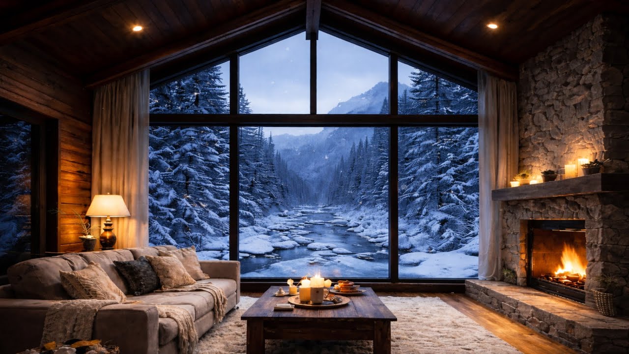 Cozy Winter Cabin Ambience Fireplace & Falling Snow | 3 Hours - YouTube