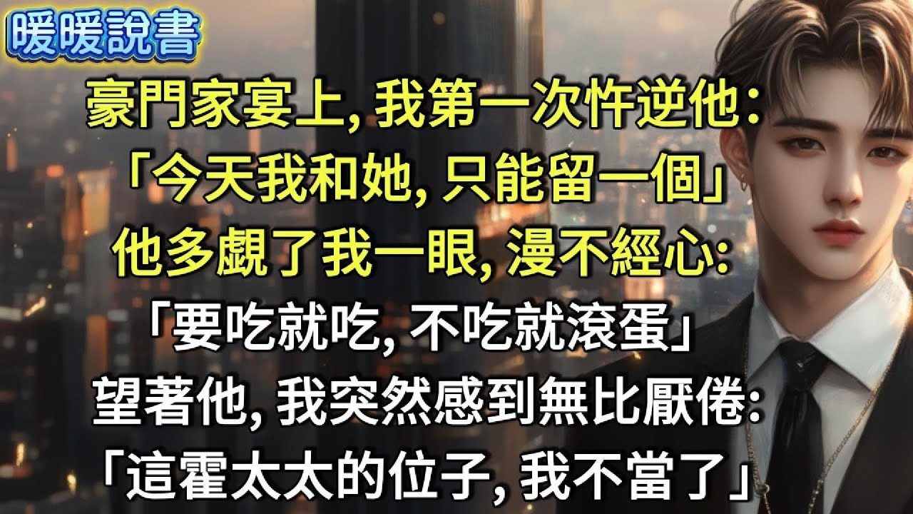 豪門家宴上，我第一次忤逆他 「今天我和她，只能留一個。」他多覷了我一眼，漫不經心 「要吃就吃，不吃就滾蛋！」 望著他，我突然感到無比厭倦 「這霍太太的位子，我不當了」