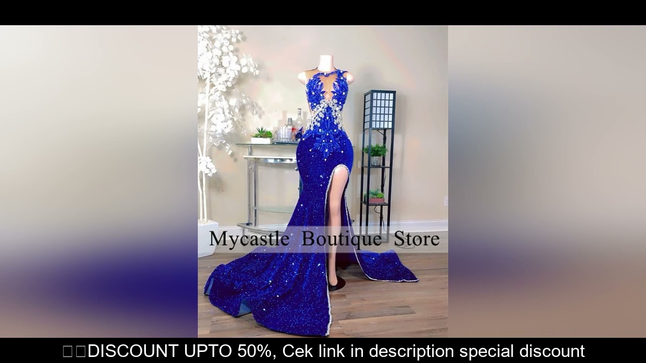 Royal Blue Sequins Rhinestones Prom Dress For Black Girl 2025 Customized Beaded Crystal High Slit Ev