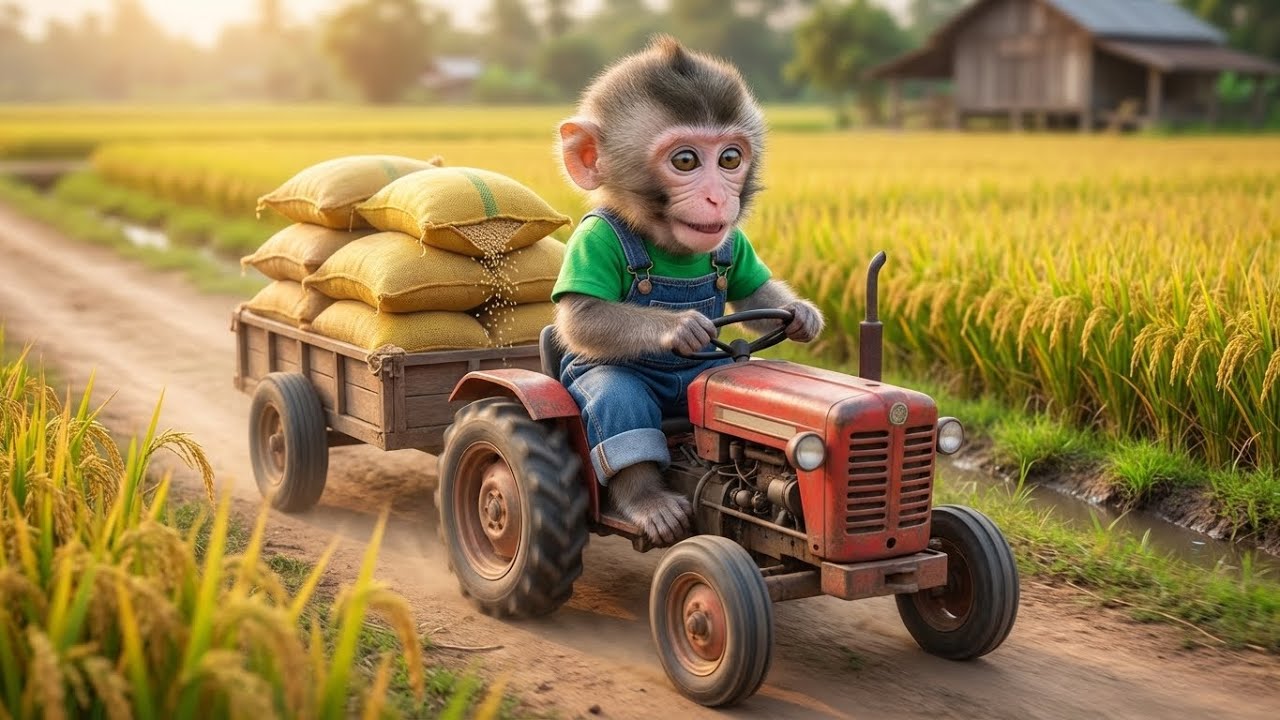 Baby Monkey’s Heavy Rice Delivery! Tiny Tractor Across the Golden Fields 🐒🚜🌾