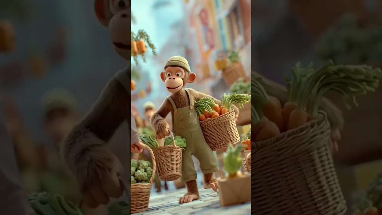 Monkey cartoon video Cary bascket of fruits and put him cap kids video kids cartoon video 