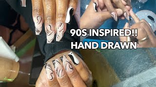 90s NAIL ART! BLACK AND WHITE NAIL ART | NAIL LINE DESIGNS