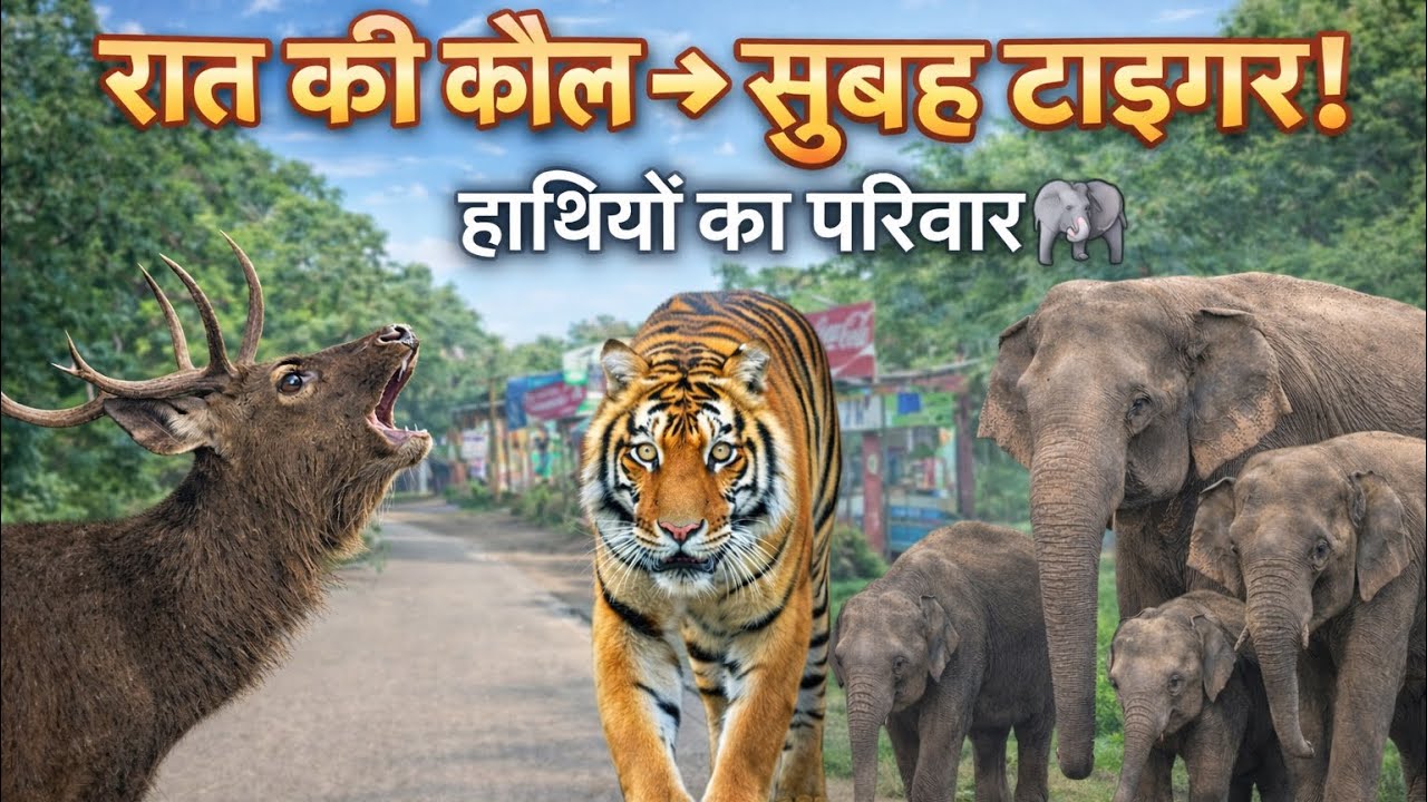 रात को सांबर की खौफनाक कॉल… सुबह सामने आया मेल टाइगर! जीरो पॉइंट पर हाथियों का परिवार 