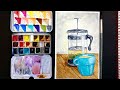 🔴How to Paint Glass a French Press & Coffee Cup with Watercolor