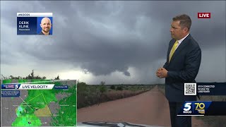 Wall cloud develops as storms intensify near Mooreland, Sharon