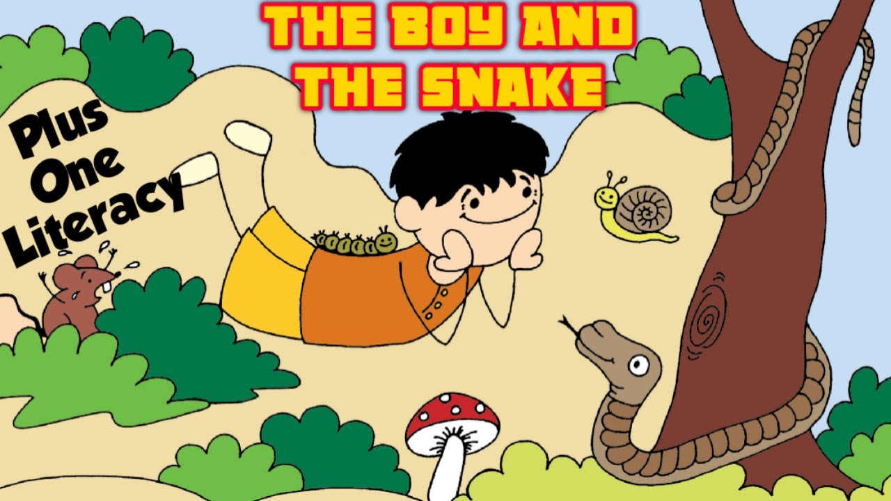 Still from 'The Boy and the Snake' music video by Plus One Literacy, showing a young boy facing a large, shadowy snake, symbolizing his confrontation with temptation or inner demons.
