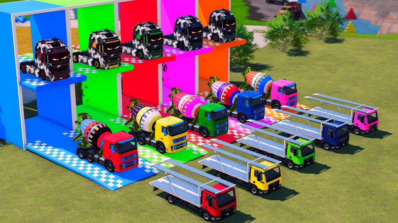 TRANSPORTING BUS, POLICE CARS, DUMP TRUCK, BOX TRUCK, FIRE TRUCK WITH SCANIA TRUCK #43