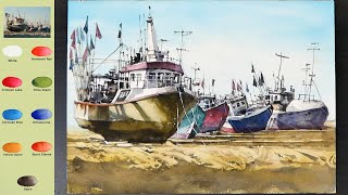 Landscape Watercolor -Fishing Boats (color name view) NAMIL ART
