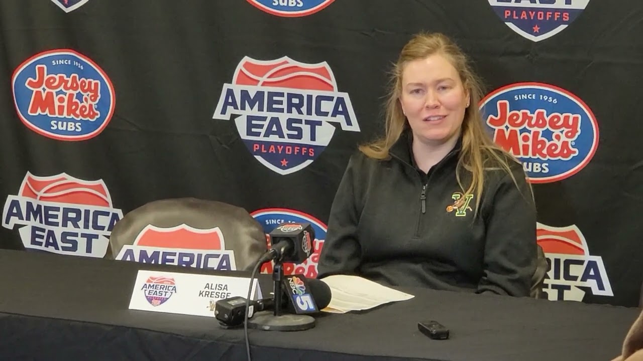 Vermont coach Alisa Kresge alongside players Emma Utterback and Delaney Richason postgame vs Maine