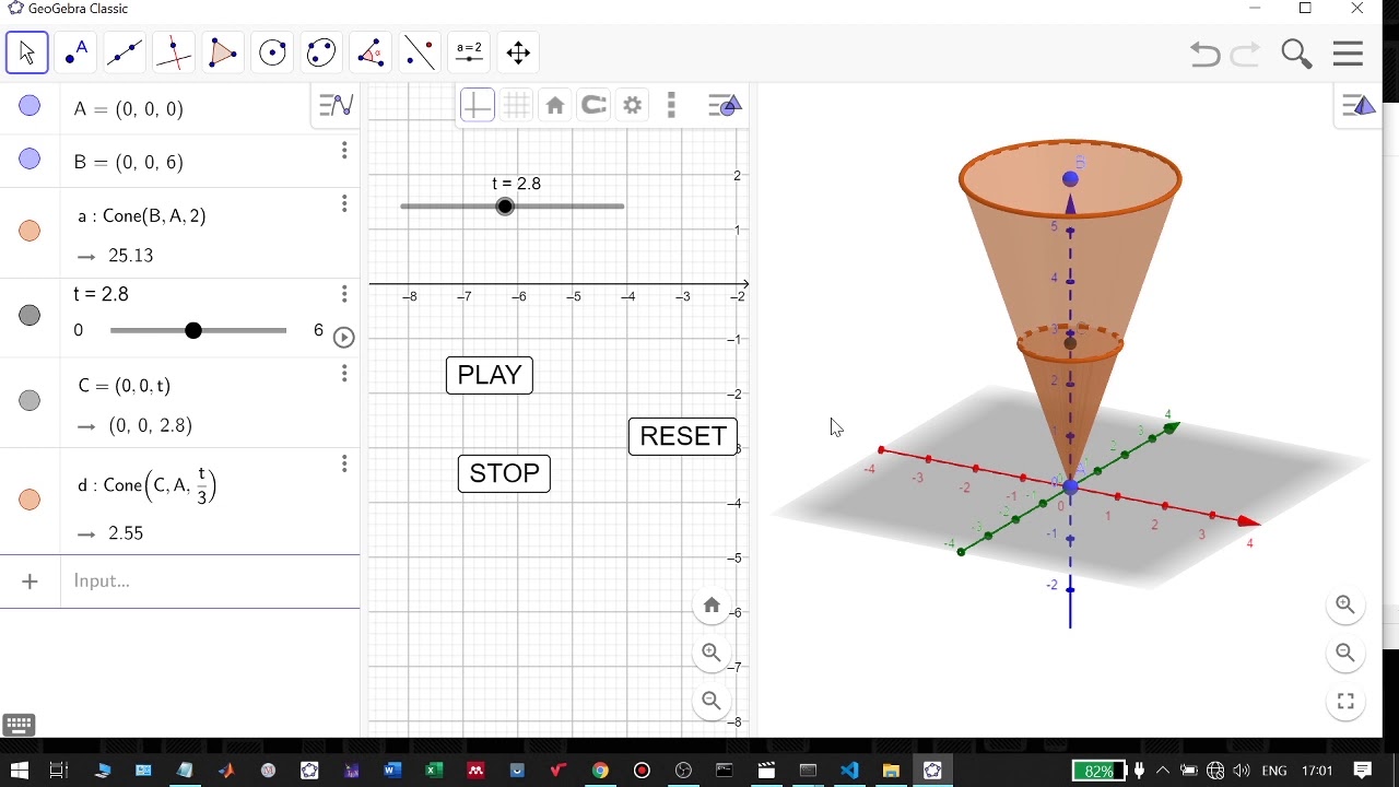 2019 Geogebra Animasi kerucut (tombol Play, stop dan reset) - YouTube