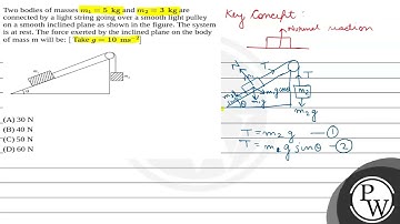 Two bodies of masses m1=5 kg and m2=3 kg are connected by a light string going over a ....