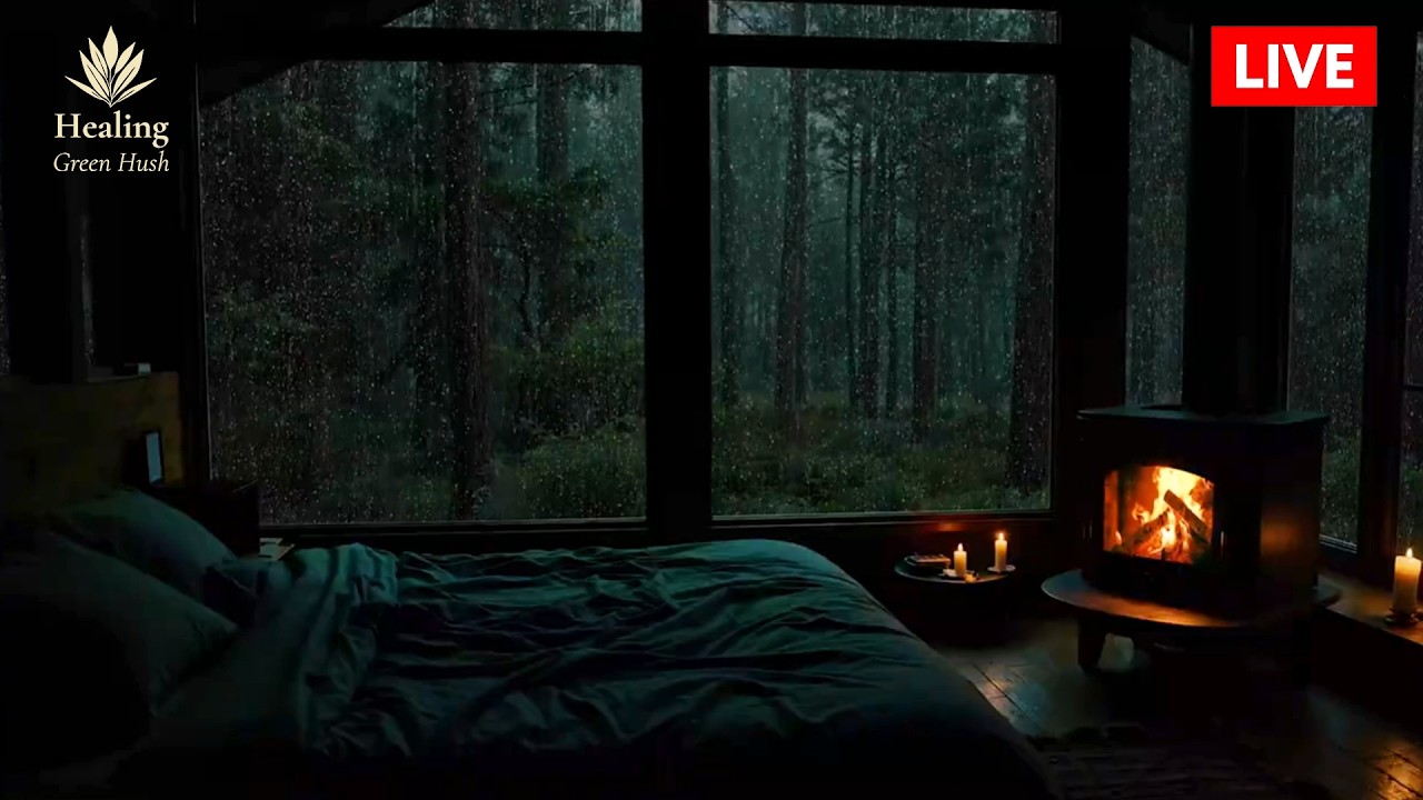 Relaxing Rain Sounds and Fireplace in a Cozy Forest Cabin (Live) 🌧 For ...