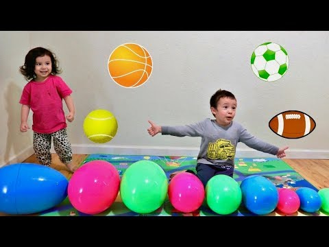 Learn Different Ball with Indoor Playtime Easter Egg Hunt - Toddlers Playing with Sport Toy Pillows