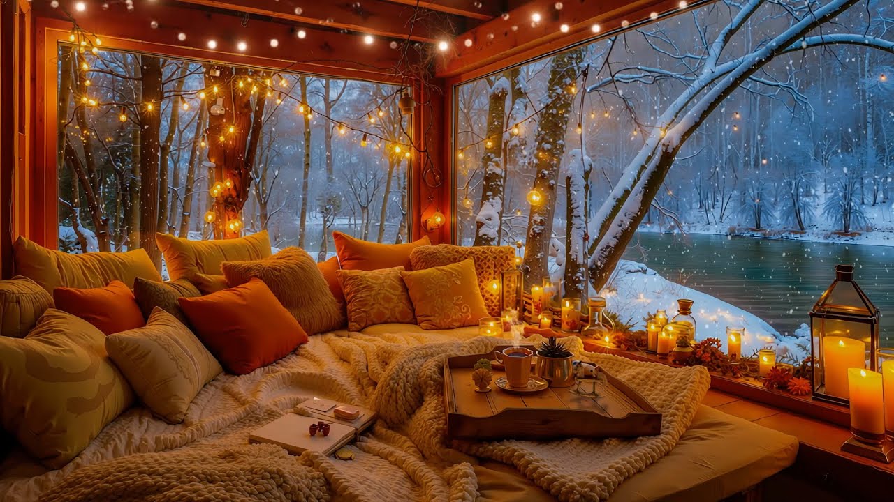 Peaceful Cabin by Winter River | Gentle Snowfall, Relaxing Jazz & Tranquil Fire Sound for Relax Here