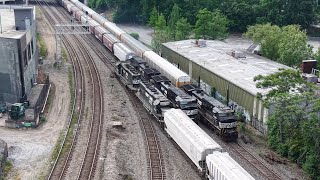 Stacks Meet Stacks, Two CSX Freights and the Morning Transfer Meets a Freight and a Rack