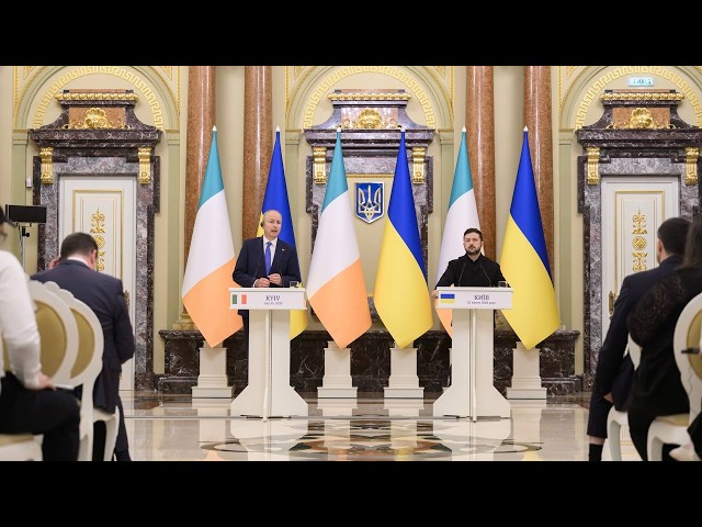 Президент України Володимир Зеленський і Прем’єр-міністр Ірландії Міхол Мартін спілкуються з медіа