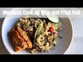 Meatless pigeon peas cookup rice with okra and fried fish