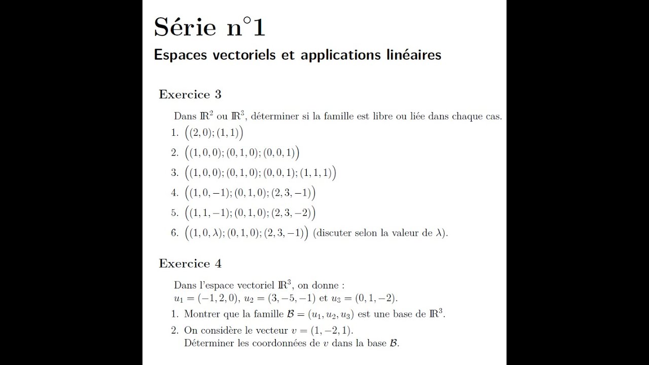 Correction Exercice 3  Série 1 Math 2 LE 2021  Famille libre et famille liée