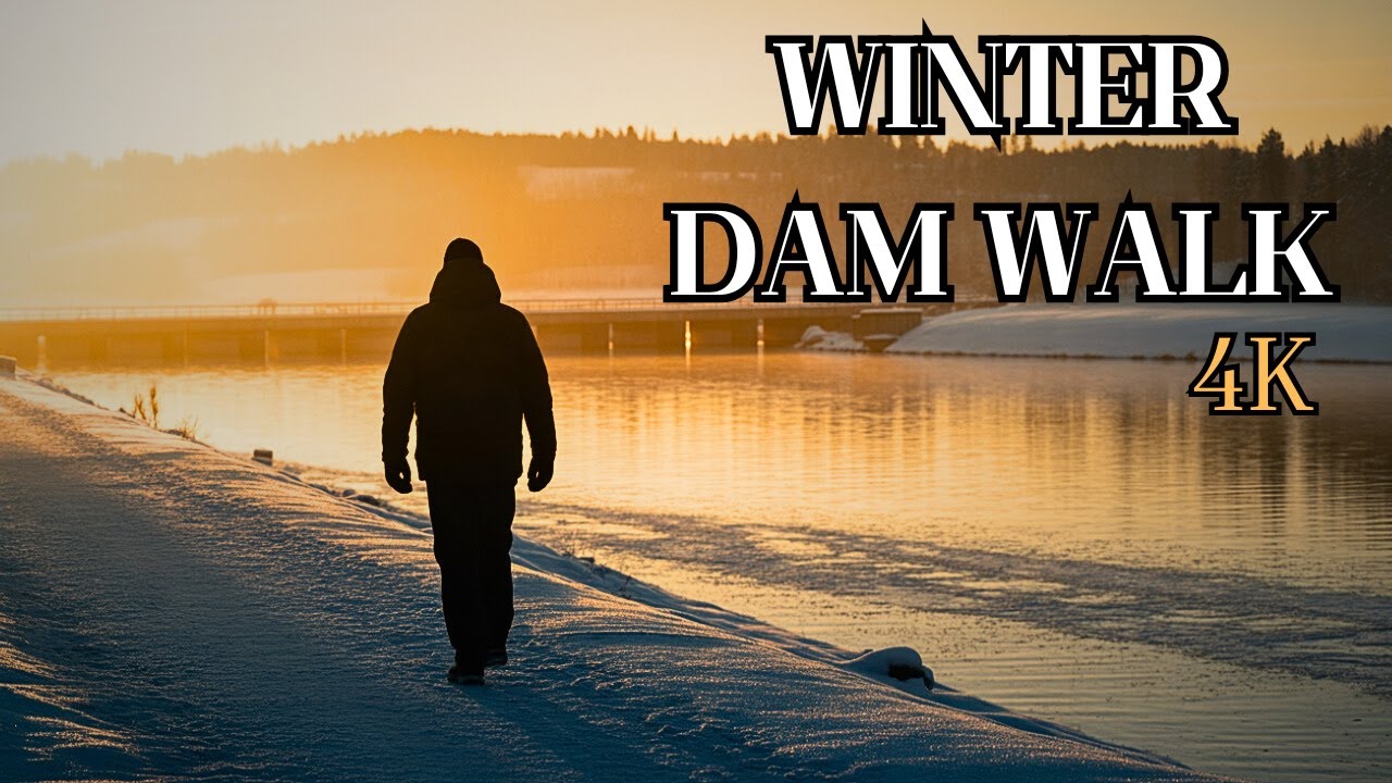 Зимняя прогулка по дамбе в Турку по снегу | Течение воды, звуки поезда и фоновые шаги 4K