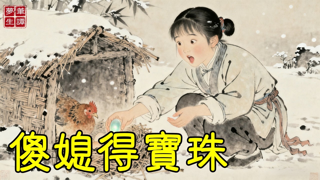傻媳婦餵雞時總與雞說話，被鄰裏譏笑。一日，最老的蘆花雞竟下一枚蛋，蛋殼如玉生輝。她不慎跌碎，蛋中滾出一顆明珠，夜間自生輝光，照得院子亮如白晝，鄰裏見之皆驚！#故事#民間傳說#奇遇#報恩#原創故事