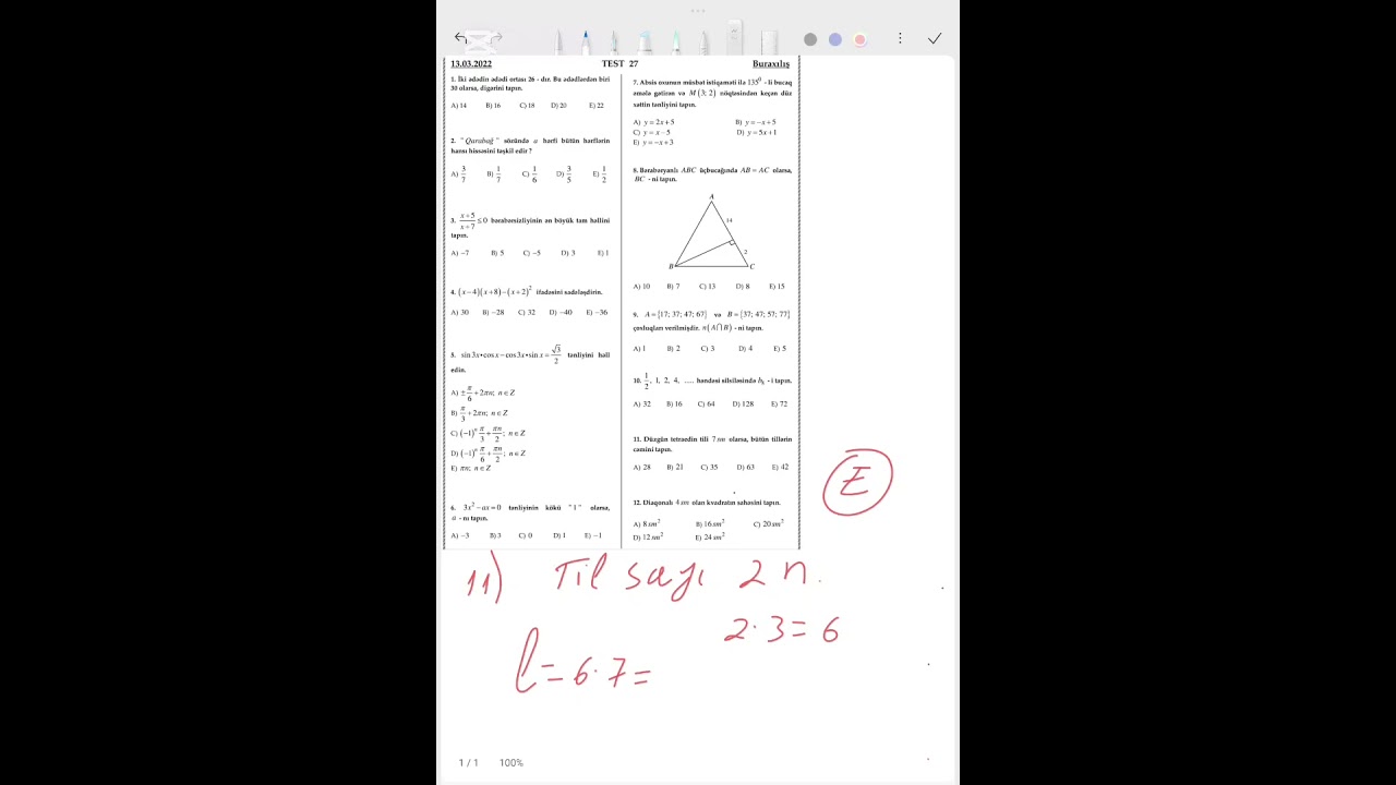13.03.2022 Buraxılış imtahanı Riyaziyyat sualları.