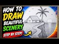 Beautiful village drawing in the circle ⭕ Easy circle scenery drawing 🔴 #drawing #shorts #art