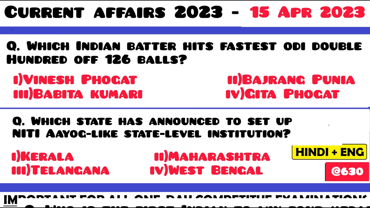 15 April 2023 Current Affairs Questions | Daily Current Affairs ...