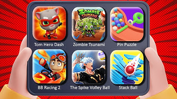 Tom Hero Dash, Zombie Tsunami, Pin Puzzle, BB Racing 2, The Spike Volley Ball, Stack Ball | Gameplay